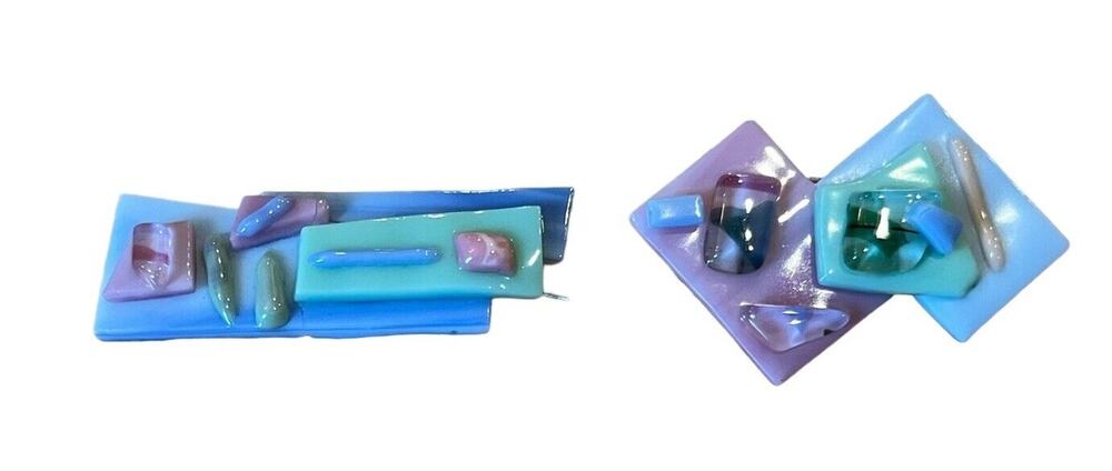 Vintage 80s inspired Glass Geometric Brooch/Pin & Matching Barrette Pastels
